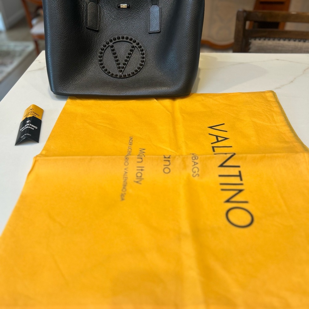 Valentino Black Pebbled Leather Stud-Logo Shoulder Tote - Picture 11 of 11